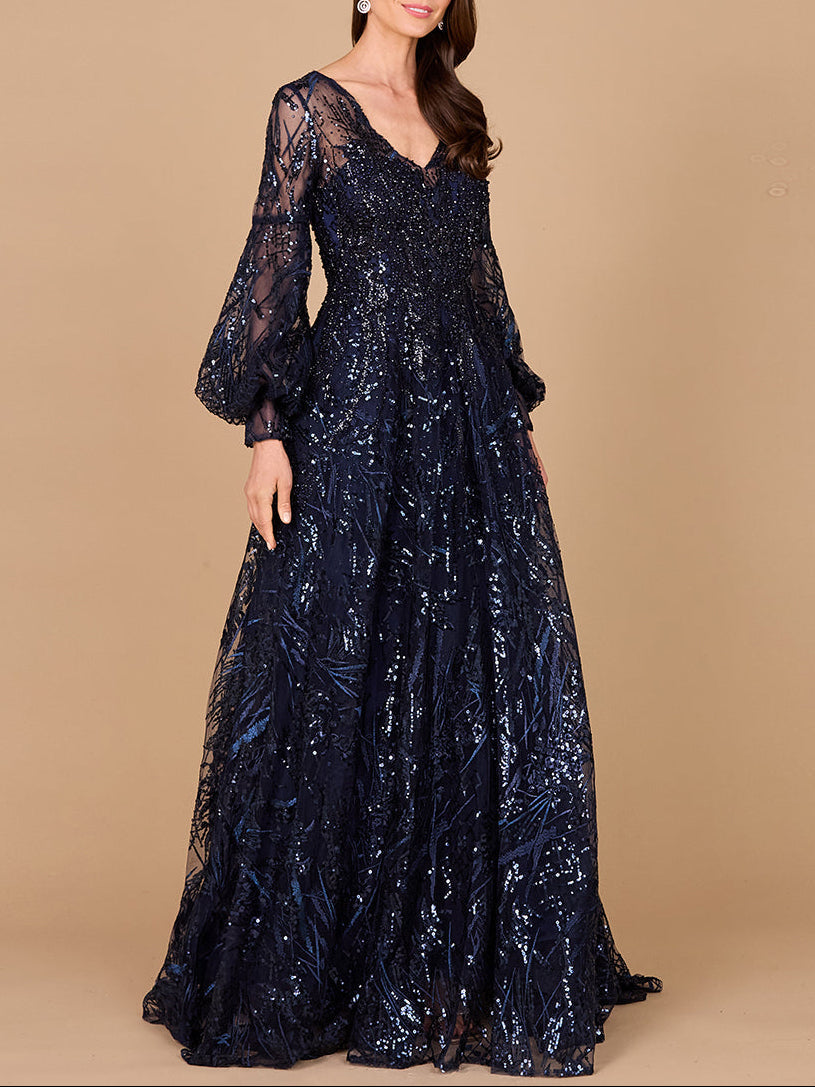 V Neckline Long Sleeve Gown Navy