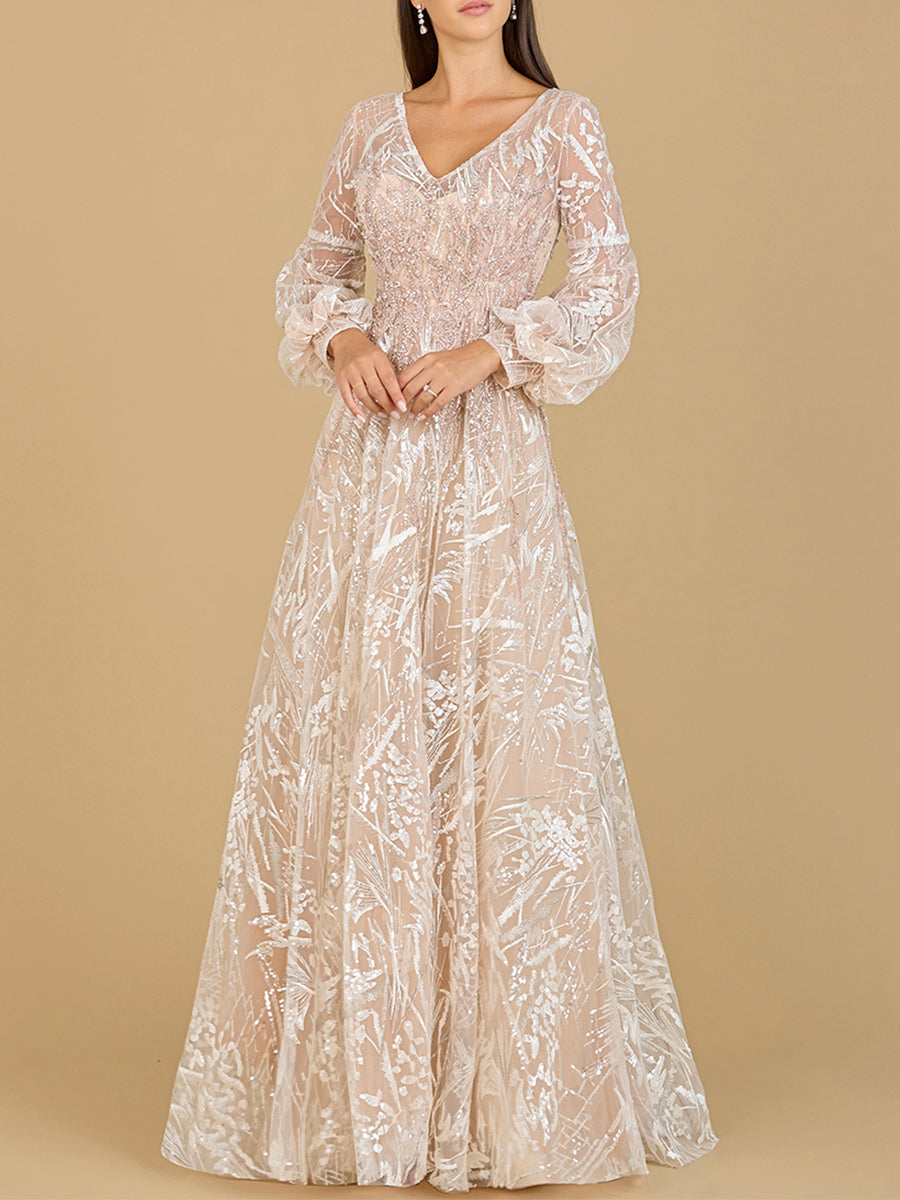 V Neckline Long Sleeve Gown Powder Pink