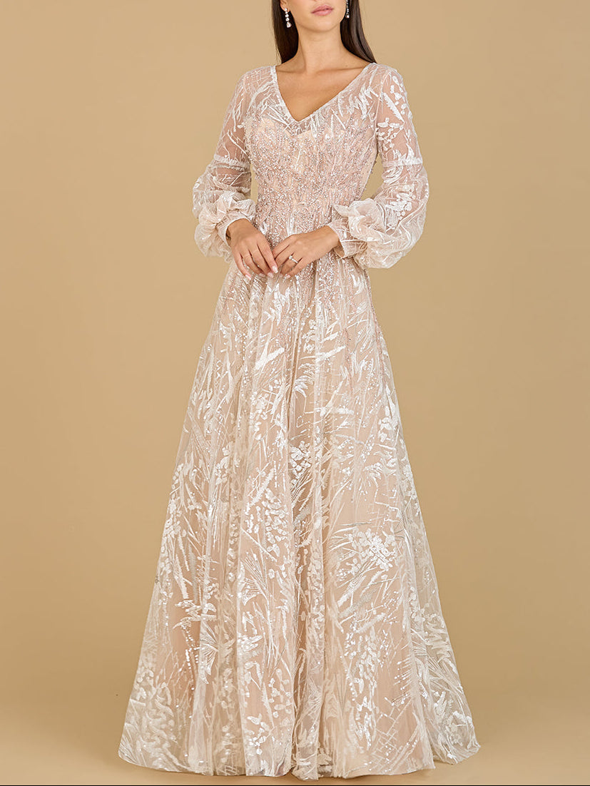 V Neckline Long Sleeve Gown Powder Pink