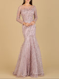 Long Sleeve Mermaid Beaded Gown Rose