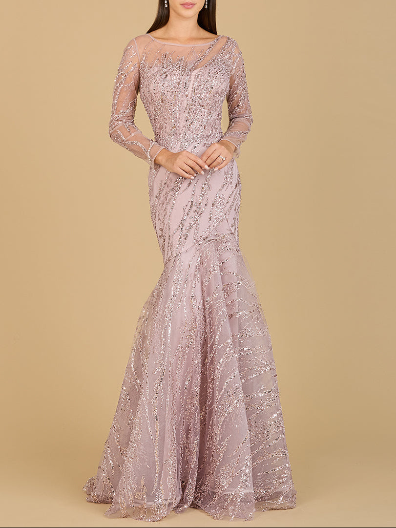 Long Sleeve Mermaid Beaded Gown Rose