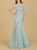 Long Sleeve Mermaid Beaded Gown Seafoam