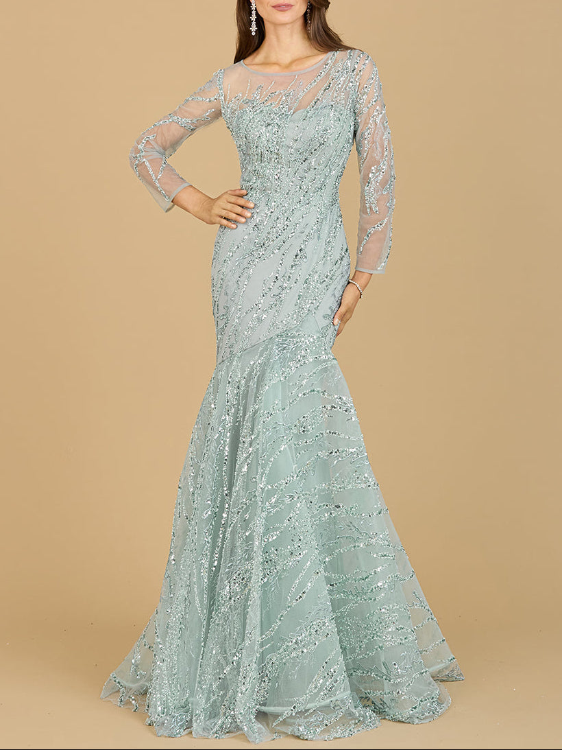 Long Sleeve Mermaid Beaded Gown Seafoam