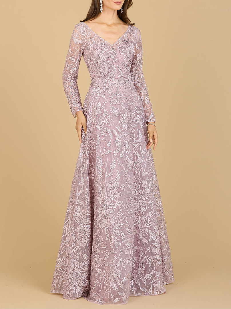 A-line Gown With Long Sleeves, V-Neckline Mauve