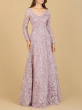 A-line Gown With Long Sleeves, V-Neckline Mauve 2