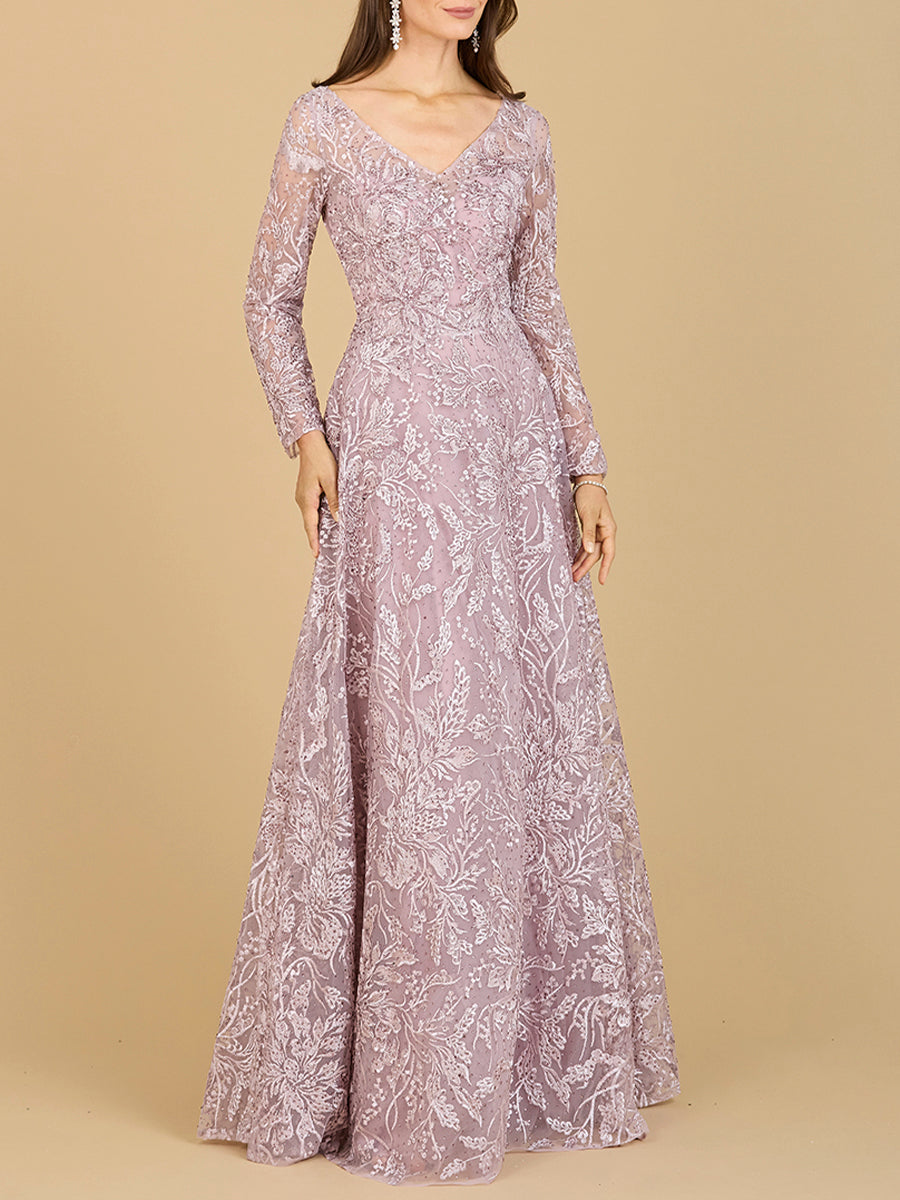 A-line Gown With Long Sleeves, V-Neckline Mauve 2