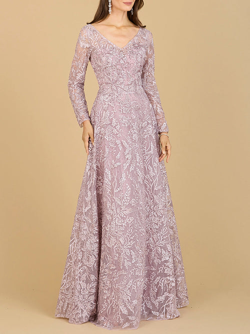 A-line Gown With Long Sleeves, V-Neckline Mauve 2