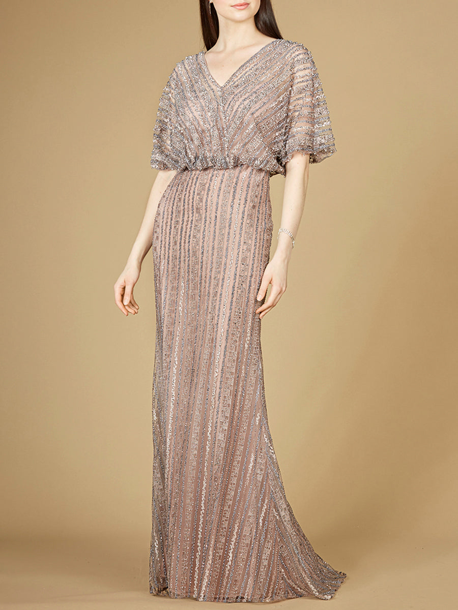 Cape Sleeve V-Neck Gown with Geometric Beading Dusty Purple