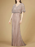 Cape Sleeve V-Neck Gown with Geometric Beading Dusty Purple