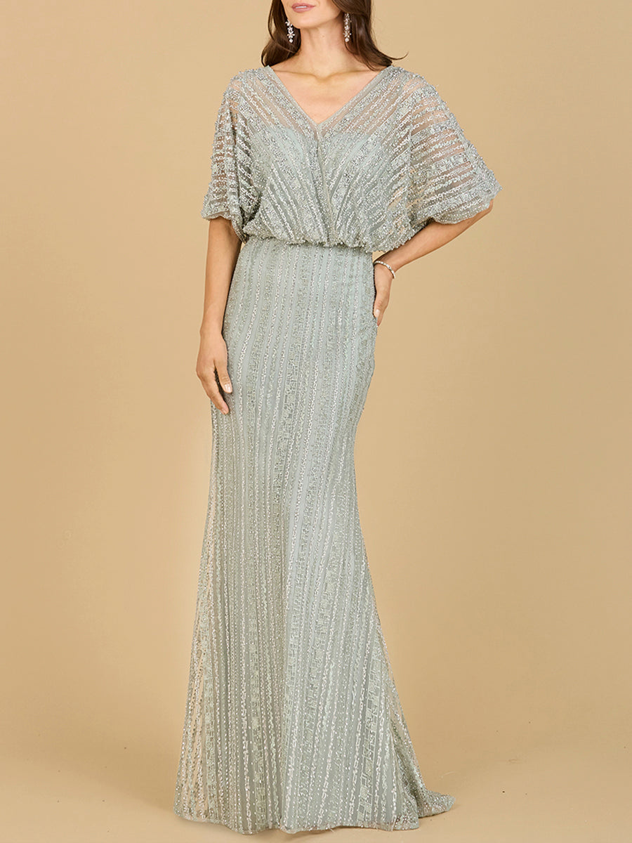 Cape Sleeve V-Neck Gown with Geometric Beading Moss