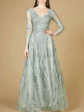 Long Sleeve Lace Ballgown with V-Neck Sage