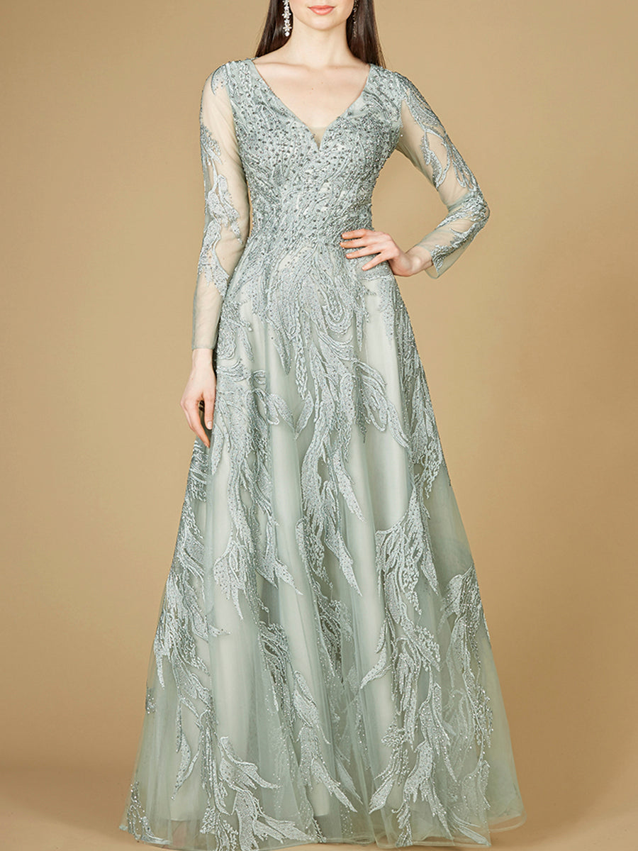 Long Sleeve Lace Ballgown with V-Neck Sage
