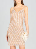 Lara 28859 - Spaghetti Strap Beaded Cocktail Dress Nude