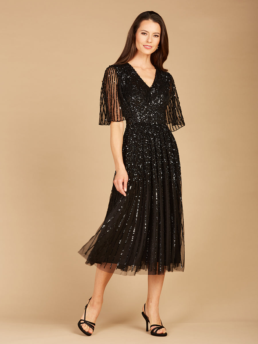 Flowing, Sequin Midi Dress with Short Sleeves | 29221 Black