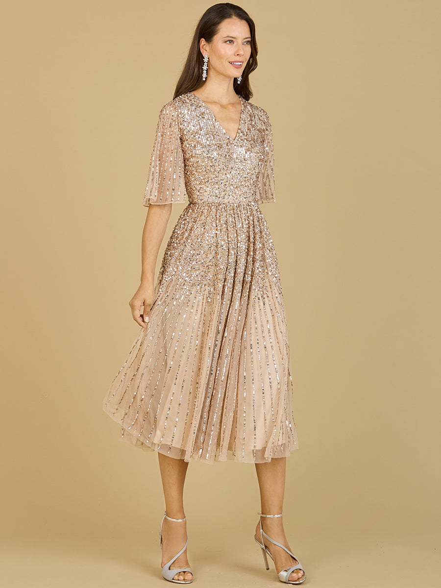 Flowing, Sequin Midi Dress with Short Sleeves | 29221 Champagne