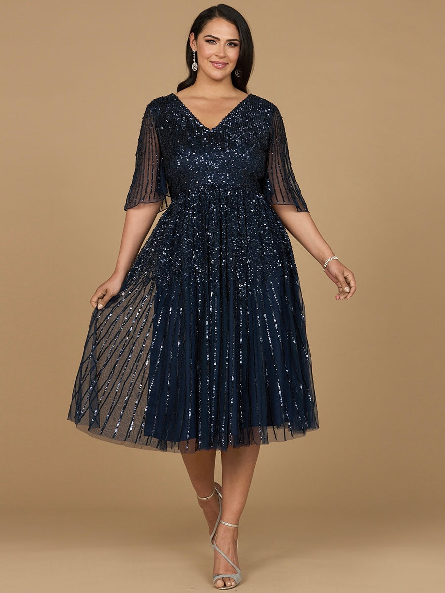 Flowing, Sequin Midi Dress with Short Sleeves | 29221 Navy