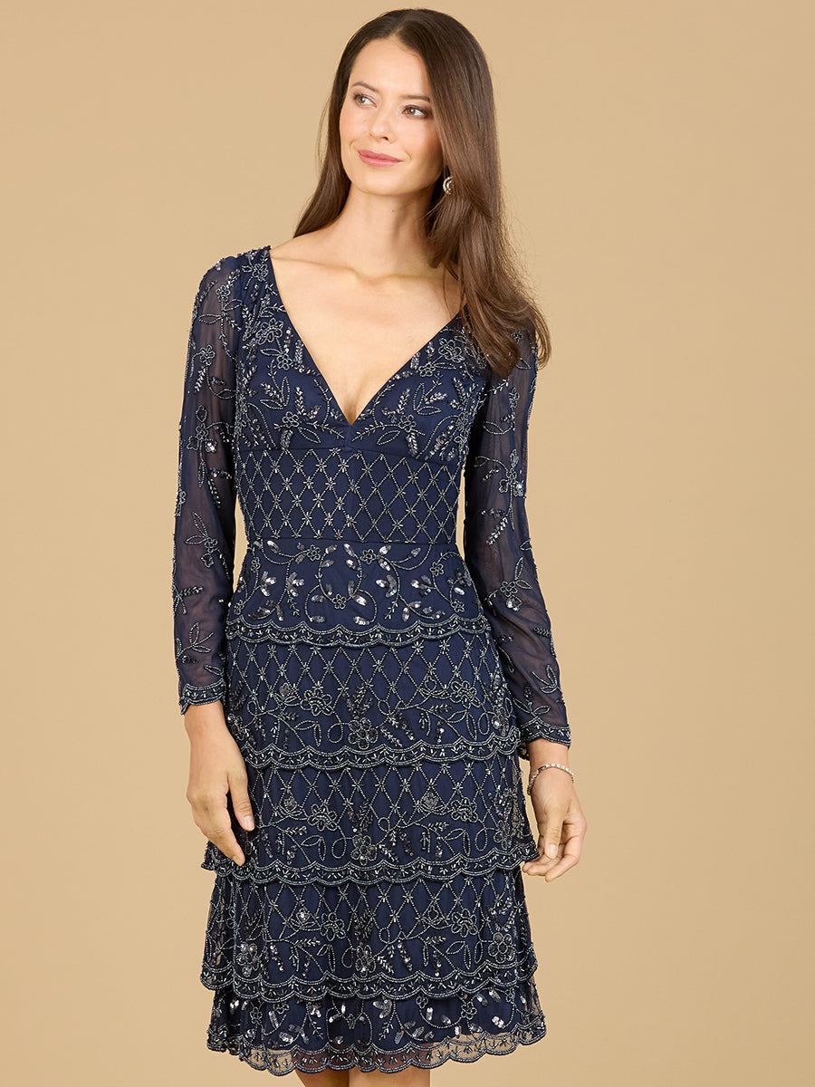 Knee Length, Long Sleeve Cocktail Dress Navy