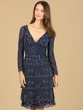 Knee Length, Long Sleeve Cocktail Dress Navy