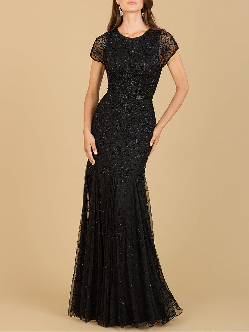 Beaded Mermaid Cap Sleeve Gown Black