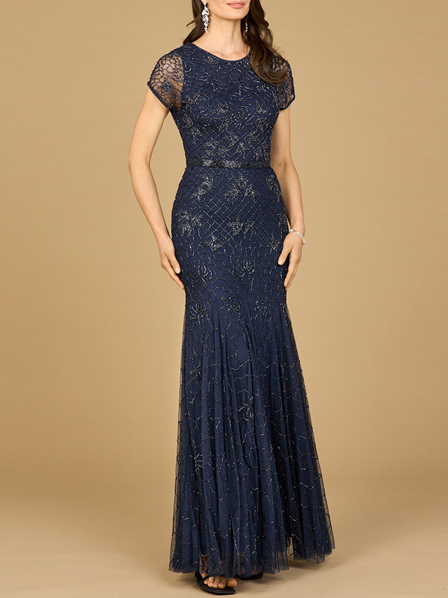 Beaded Mermaid Cap Sleeve Gown Navy