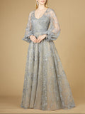 V Neckline Balloon Sleeve Gown Slate