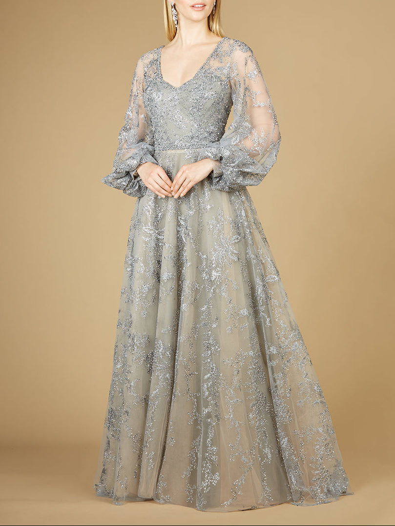 V Neckline Balloon Sleeve Gown Slate