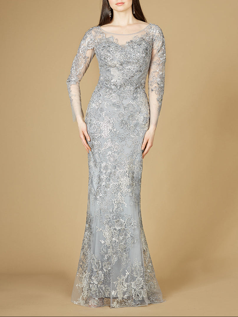 High Neck Long Sleeve Fitted Lace Gown Thistle