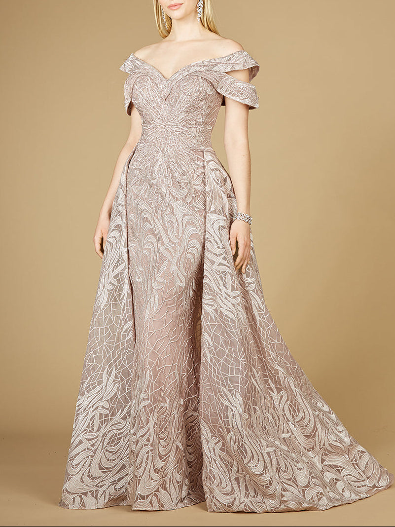 Off Shoulder Mermaid Lace Gown with Overskirt Rosewater