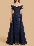 Off Shoulder Mermaid Lace Gown with Overskirt Navy