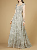 Cap Sleeve V-Neck Lace A-line Gown Slate