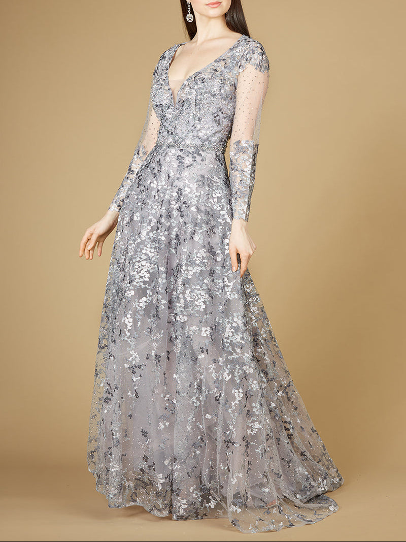 A-line Gown With Long Sleeves, V-Neckline Dusty Purple
