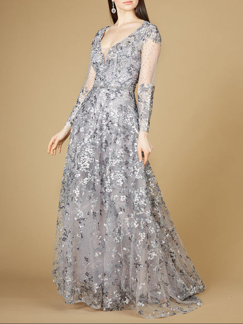 A-line Gown With Long Sleeves, V-Neckline Dusty Purple