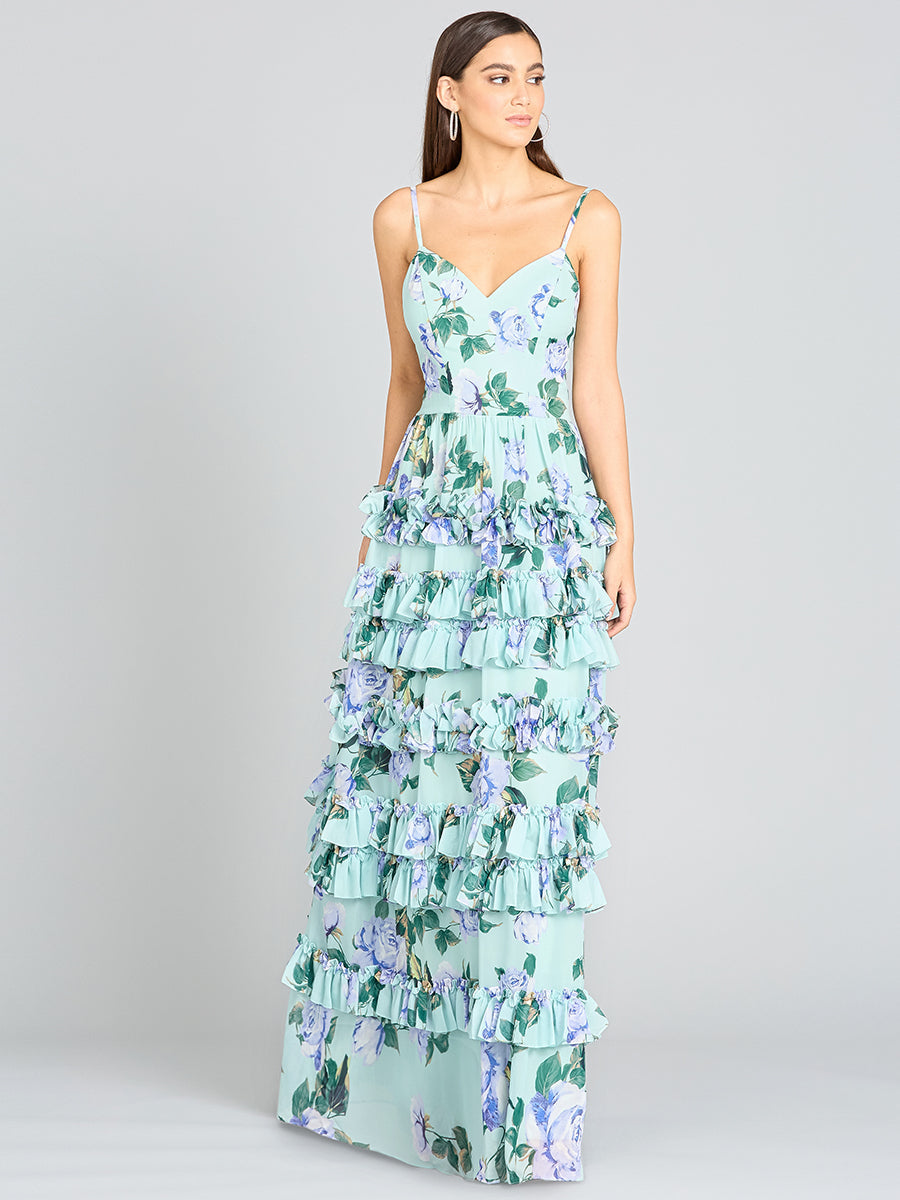 Ruffle Skirt Printed Gown with Spaghetti Straps - OUTLET Mint