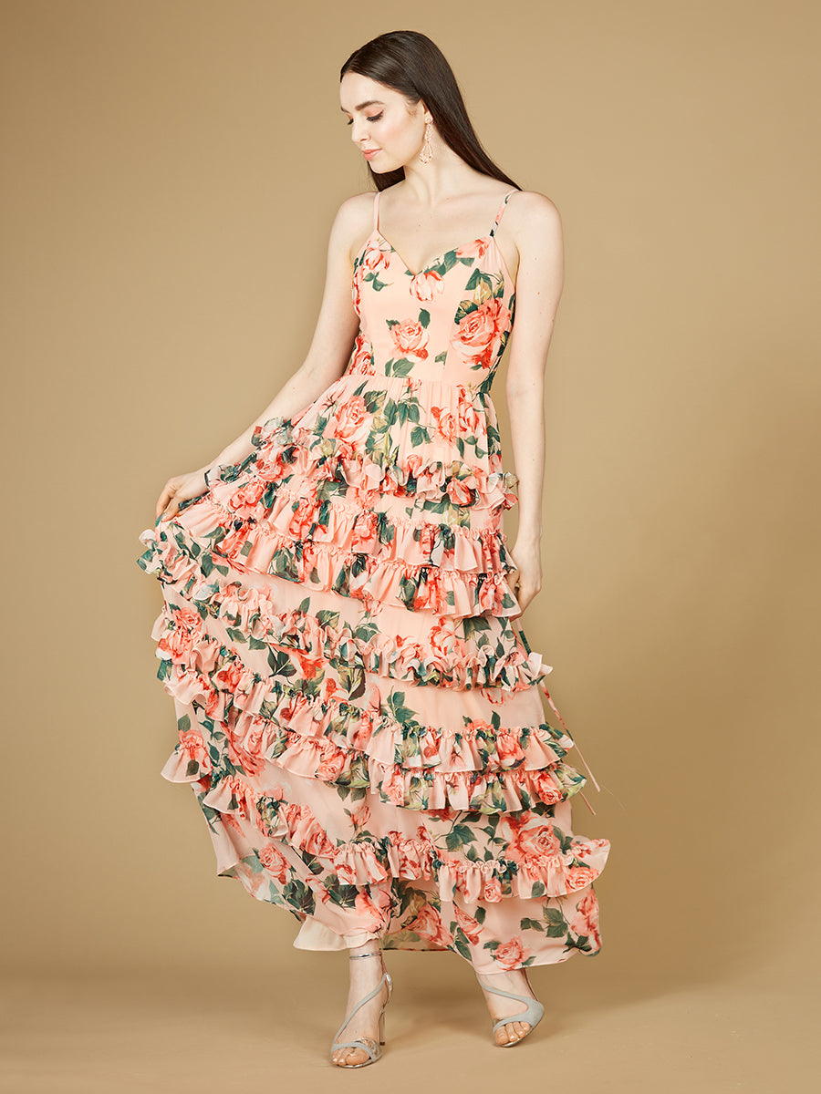 Ruffle Skirt Printed Gown with Spaghetti Straps - OUTLET Peach