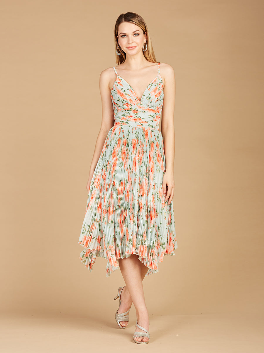 V-Neck Printed Midi Length Dress with Pleats - OUTLET Mint