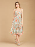 V-Neck Printed Midi Length Dress with Pleats - OUTLET Mint