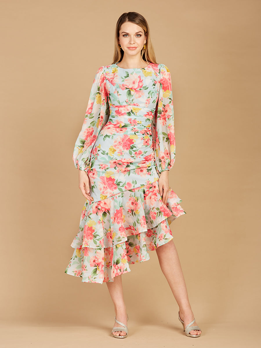 High Neck, Lace Up, Long Sleeve Printed Midi Dress - OUTLET Mint