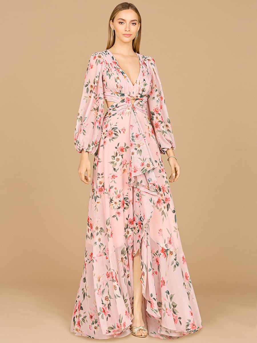 Long Sleeve V-Neck, Layered Skirt Print Dress- OUTLET Blush