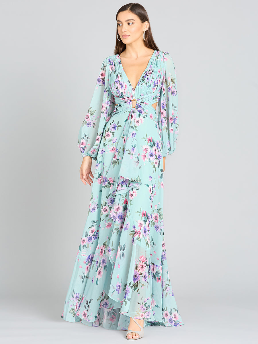 Long Sleeve V-Neck, Layered Skirt Print Dress- OUTLET Mint