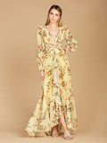Long Sleeve V-Neck, Layered Skirt Print Dress- OUTLET Yellow