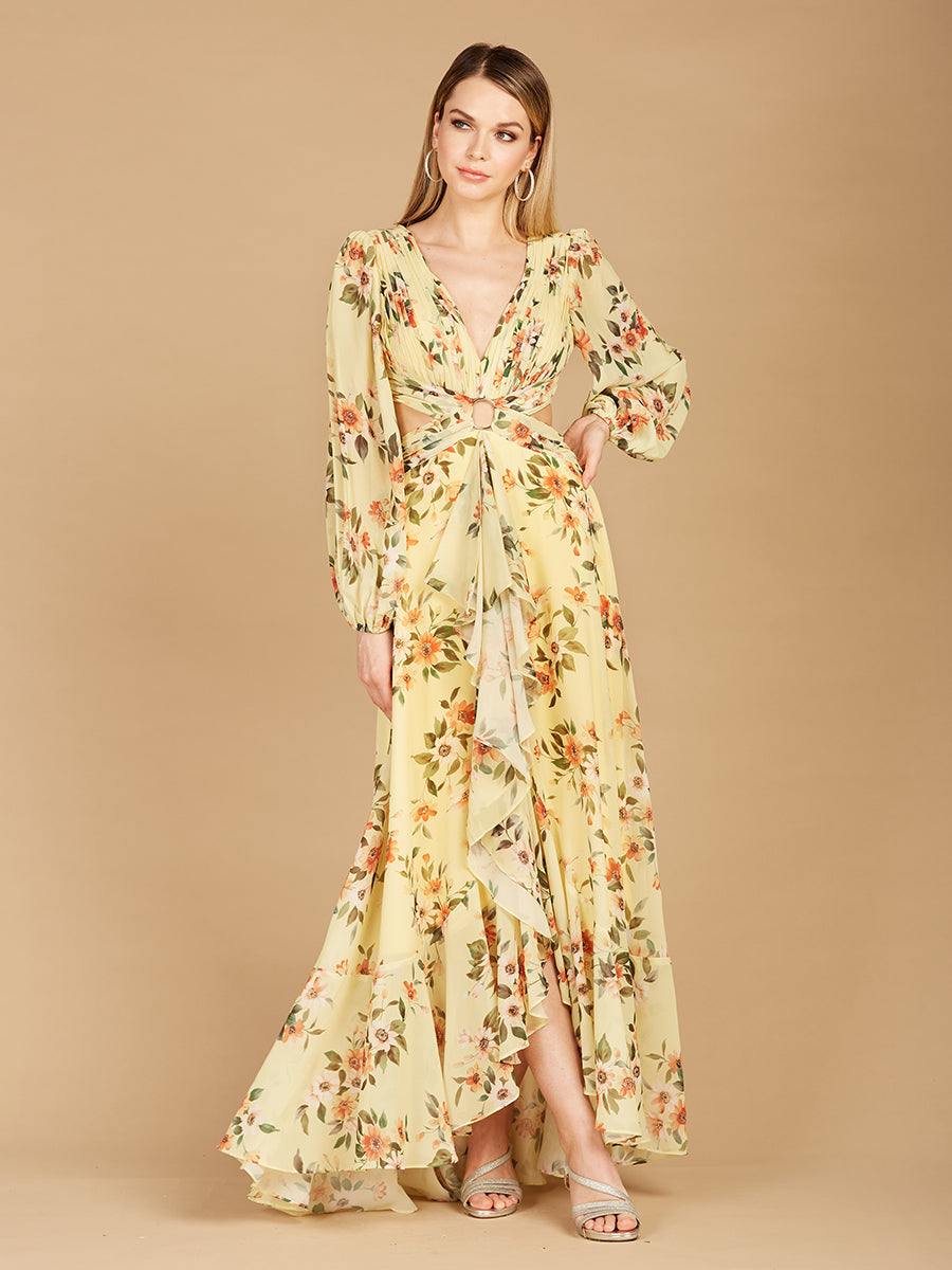 Long Sleeve V-Neck, Layered Skirt Print Dress- OUTLET Yellow