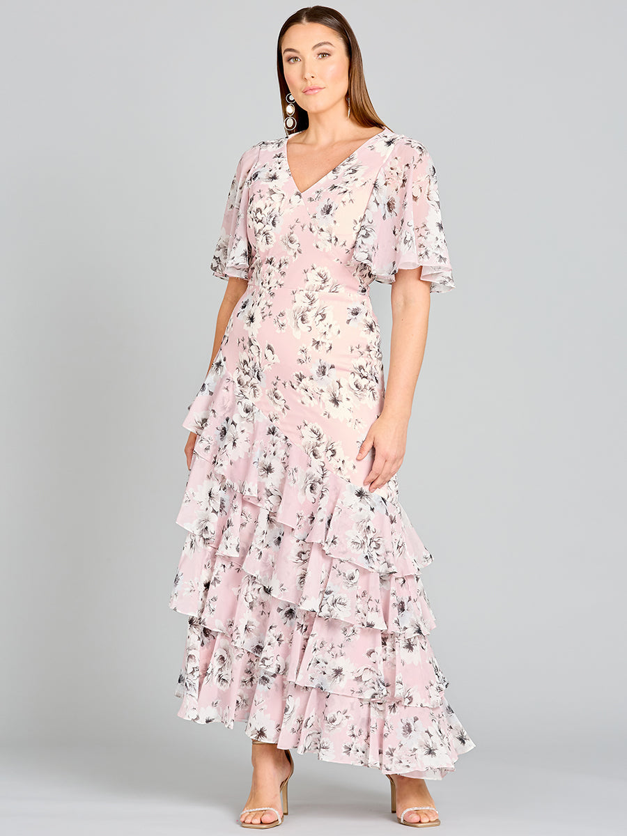 Cape Sleeve Print Dress- OUTLET Blush