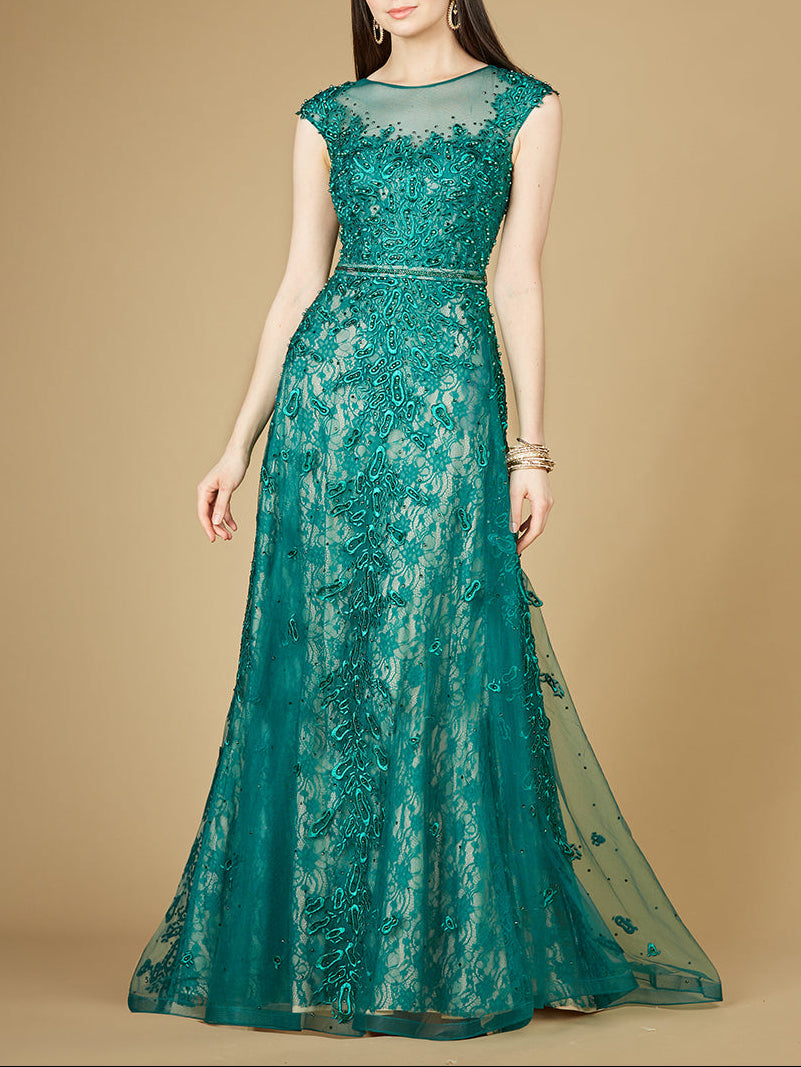 Inspired Lace Gown with Cap Sleeves Green