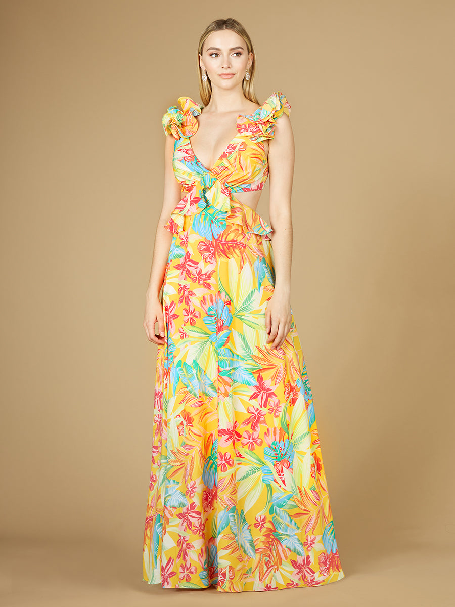 V-Neck Long Print Gown with Ruffled Straps - OUTLET Yellow Print