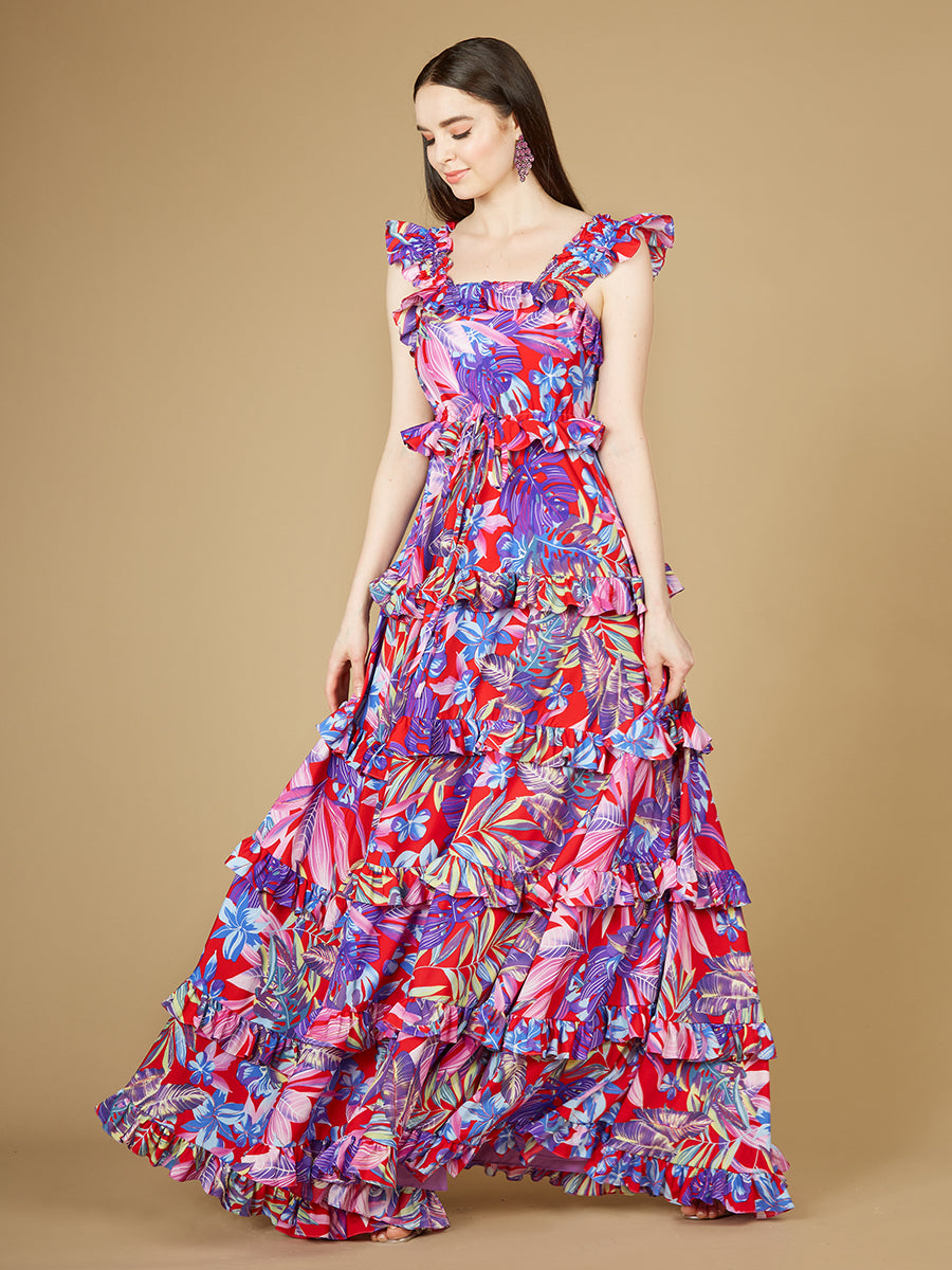 Printed Gown with Ruffle Skirt - OUTLET Red Print