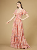 Long Print Gown with Cap Sleeves - OUTLET Pink Print