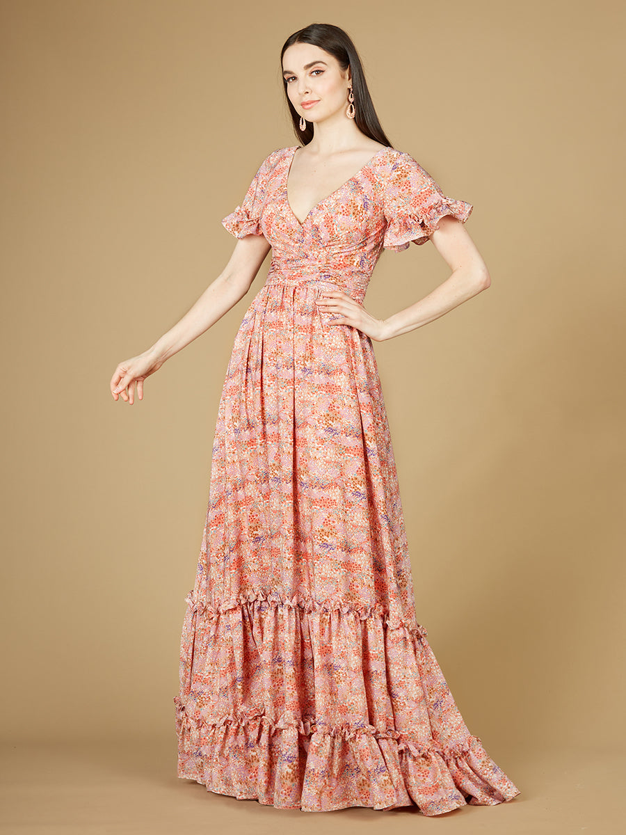 Long Print Gown with Cap Sleeves - OUTLET Pink Print