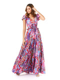 V-Neck Long Print Gown with Cap Sleeves - OUTLET Red Print