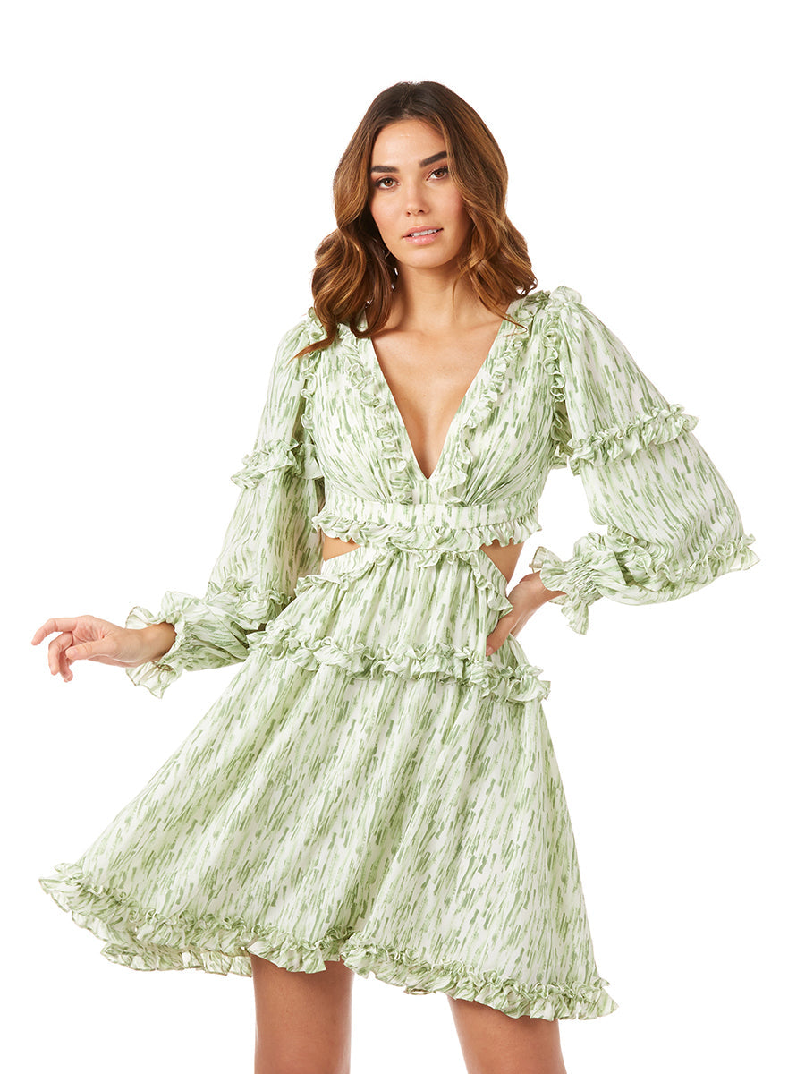 Print Cocktail Short with Cutout and Lace Up Back OUTLET Green Print
