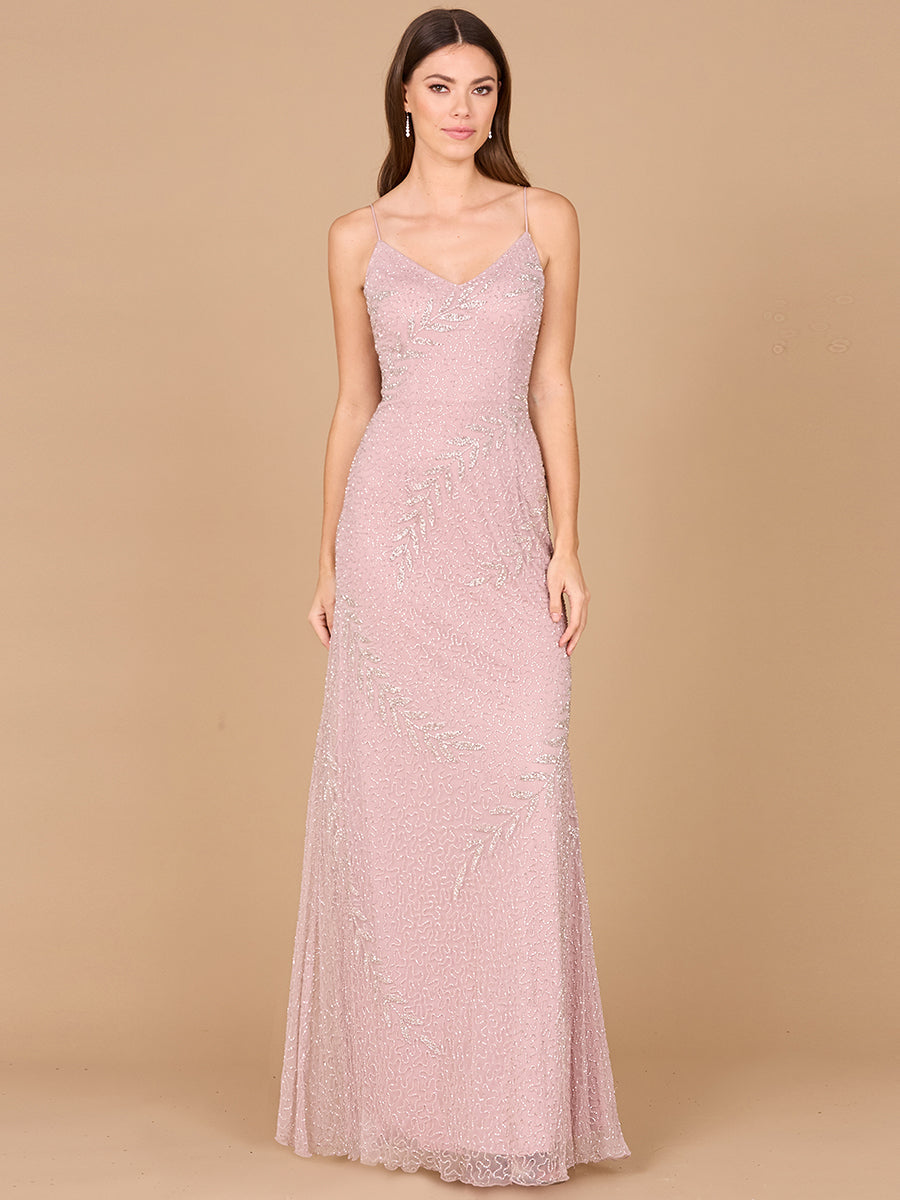 Beaded Spaghetti Strap Navy Full-Length Gown Blush